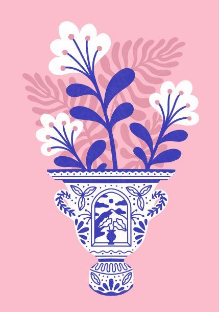 An illustration from the fap collection titled "Roman Vase with Plant A5" showcases a decorative white vase adorned with blue floral and leaf patterns. The vase holds stylized blue flower stems with white blossoms, set against a pastel pink background featuring soft fern-like designs—ideal for Mini prints or Deluxe Postcard Frames.