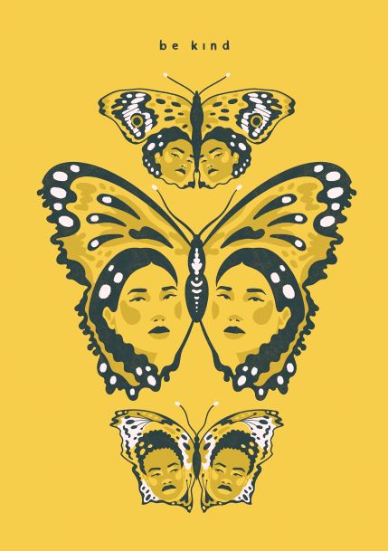 A yellow background illustration titled "Be Kind Butterfly A5" by fap, featuring three butterflies with women's faces on their wings, arranged vertically. The largest butterfly is centered, with smaller butterflies positioned above and below it. The phrase "Be kind" is written at the top. This artwork is part of the Little Art series, making it ideal for Mini Prints or Deluxe Postcard Frames.