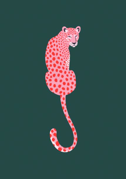 Illustration from fap's Little Art series: the Pink Leopard A5 print features a pink leopard with red spots, sitting gracefully facing right on a dark green background. The leopard's long tail curls downward and around its body, making it perfect for displaying in Deluxe Postcard Frames or as mini prints.