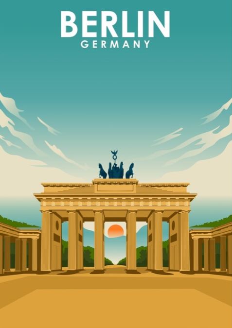 Berlin by Jorn Van Hezik from TAP showcases an illustrated image of the Brandenburg Gate in Berlin, Germany, set against a vibrant blue sky with stylized clouds. The iconic monument’s characteristic columns and chariot sculpture are prominently featured, while the words "Berlin" and "Germany" hover above the illustration, evoking the charm of vintage advertising art prints.