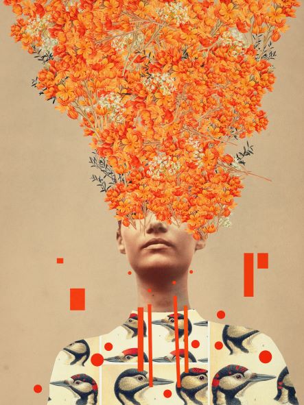 The collage art piece titled "Bird Flight in Autumn" by Frank Moth from the Blue Dog Posters collection depicts a person with a serious expression, wearing a shirt adorned with bird patterns. Their head transforms into a vibrant explosion of blooming orange flowers, blending surrealism with nature. Red geometric shapes are scattered around.