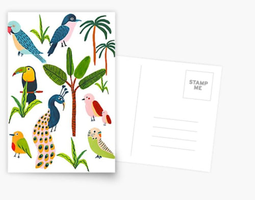 Introducing the Bird Species Postcard by Blue Dog Posters: This vibrant postcard showcases colorful illustrations of a variety of birds, such as peacocks, toucans, and parrots, all perched among lush green foliage and majestic palm trees. A perfect addition to any postcard collection! The back features a "STAMPME" placeholder along with lines for your personal message and address.