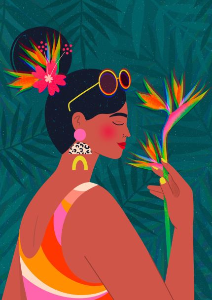 Illustration titled "Bird of Paradise by Kitty O Illustrates" from A5, depicting a woman with dark hair in a bun adorned with tropical flowers and colorful geometric earrings. She is wearing round sunglasses, a vibrant sleeveless top, and holding a bird of paradise flower against a lush, dark green leafy background. Perfect for the Little Art series or Deluxe Postcard Frames.