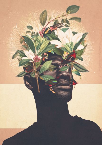 Birds are my Real Origin by Frank Moth (GAL139) features a surreal portrait with a head of vibrant leaves, flowers, and birds on a beige background. This A2 art print on 200gsm matte paper from the Featured Artists Collection is an exquisite centerpiece.