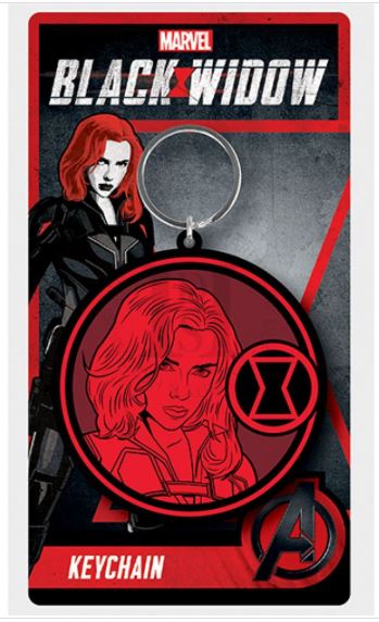 The Black Widow Rubber Keychain by Blue Dog Posters is a stylish accessory featuring a circular black and red illustration of Black Widow's face and her logo. This rubber keychain comes packaged on a card that displays Black Widow's name, logo, and an image of her in her superhero suit.