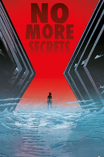 Poster titled "Black Widow - No More Secrets" by MTV 135, featuring a lone figure in a surreal, icy landscape amid futuristic, angular structures. The words "NO MORE SECRETS" are emblazoned in bold red letters against a vivid red sky. This Marvel MCU poster evokes an intense sense of mystery and impending revelation, capturing the thrill associated with your Movies & TV Collection.