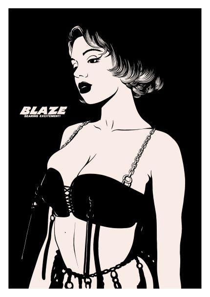 A black and white illustration depicts a woman with vintage hairstyle and makeup, wearing a strappy black top. The words "BLAZE" and "SEARING EXCITEMENT!" are displayed in bold letters to the left of the woman. Printed on 250gsm satin paper, this art print, titled "Blaze by Westmotel," is part of the celebrated fap collection.