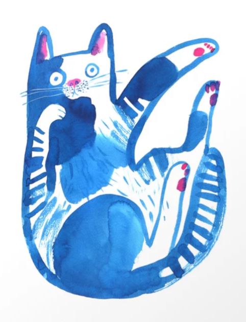 Introducing 'Blue Cat' by Grasya Oliyko from Blue Dog Posters’ Gallery Series—an enchanting watercolor illustration of a blue and white cat with charming pink accents on its paws and ears. The playful feline, featuring wide eyes and an open-mouthed expression, is depicted tumbling through the air against a pristine white background. This delightful art print is available on high-quality archival paper.