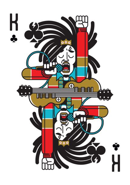 An illustrated playing card from the Little Art series featuring the King of Clubs, part of the "Bob Marley by Dario Genuardi A5" collection by Blue Dog Posters. The figure is a musician with long hair, wearing a crown and a colorful outfit. He holds a microphone in one hand and a guitar in the other. The design is mirrored vertically, perfect for Deluxe Postcard Frames or Mini Prints.