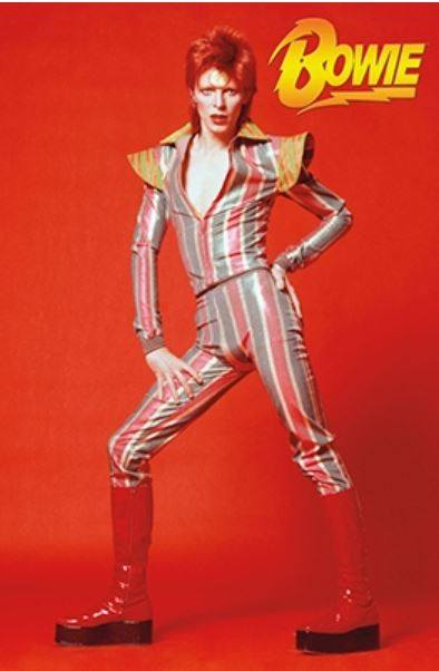A person with fiery red hair stands confidently against a matching red background, donning a gleaming striped jumpsuit with pointed shoulders and knee-high red platform boots. The name "Bowie" is boldly written in yellow text in the top right corner. This David Bowie - Glam poster from MUS 110's Music Collection is printed on premium gloss paper as a large wall poster.