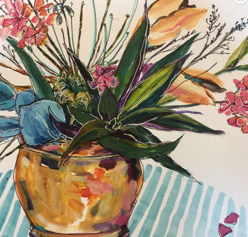 Introducing "Brass Bowl & Geraniums" by Christine Read—a vibrant art print from MEZ 515 showcasing a captivating floral arrangement in a golden vase. This piece highlights lush green leaves, pink flowers, and a blue flower against a striking blue and white striped background. Crafted with bold, expressive brushstrokes and vibrant colors on premium quality 200gsm Matte Art Paper.