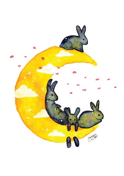Four dark bunnies rest on and around a bright yellow crescent moon with clouds and sparkling stars, while pink petals float on a white background—Bunnies on the Moon by Jess Chen A5, from Blue Dog Posters.