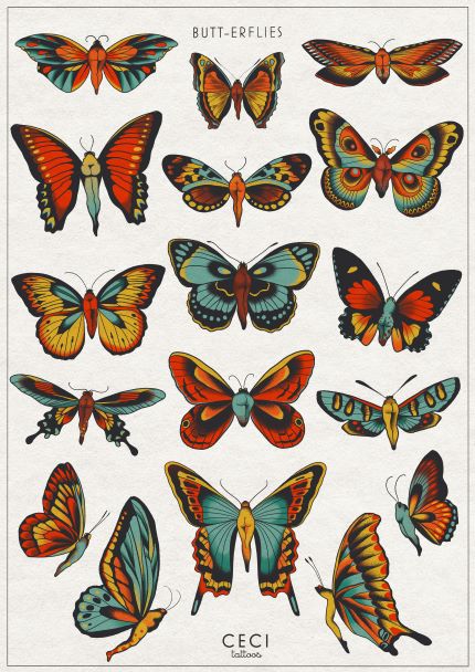 An illustrated collection called "Butt-erflies by Ceci Tattoos," from Blue Dog Posters, showcases colorful butterflies with vibrant patterns and hues in shades of blue, orange, red, green, and yellow. This captivating art print is part of the Ceci Tattoos Featured Artists Collection.