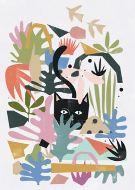 Abstract illustration featuring a black cat with wide eyes among a vibrant assembly of various geometric shapes and plant-like forms in multiple colors, including green, pink, blue, and orange. This Henri Catisse Garden by Nia Gould A3 Art Print on ultra matt photo quality paper from fap has a white background that highlights the colorful and whimsical composition.