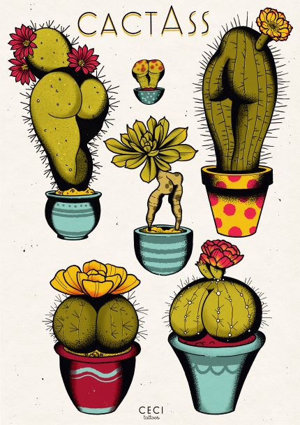 The "Cactass" art print by Ceci Tattoos, part of the Blue Dog Posters Featured Artists Collection, features illustrated cacti resembling human buttocks and legs in colorful pots. One cactus has red flowers, another has yellow petals, and others display a combination of red and yellow blooms. The text "CACTASS" appears at the top.