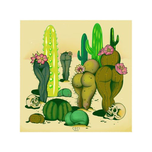 The "Cactass Desert by Ceci Tattoos" from GAL185 showcases an illustration of various vibrant green cacti with pink flowers, curvy shapes resembling human forms, and two skulls among smaller plants on a sandy background, blending art with Ceci Tattoos' unique style.