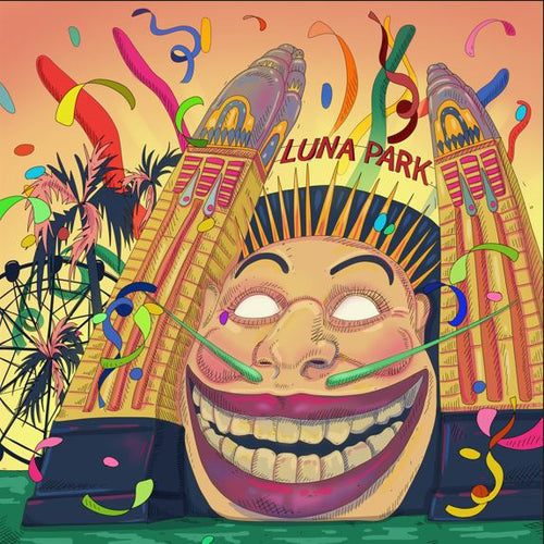 The "Anya Shcherban - Luna Park" from GAL190 showcases a vibrant illustration of Luna Park's entrance with a large smiling face, colorful streamers, confetti, palm trees, and a Ferris wheel against a sunset sky. Part of the Featured Artists Collection, it's printed on matte art paper.