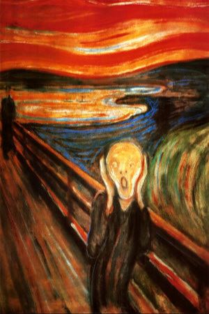 Abstract painting titled "The Scream" by Edvard Munch. It depicts a figure standing on a bridge, holding their face in despair or horror, with a swirling, vibrant sky of orange, red, and yellow in the background. This classic art poster is printed on premium 150gsm gloss paper for exquisite Art & Decor: Munch - The Scream by MEZ 109.