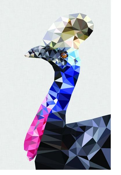 A geometric, low-poly illustration of a cassowary from the Featured Artists Collection. The colorful facets form the bird's head and upper neck with shades of black, blue, pink, and tan. This Cassowary by Studio Cockatoo art print from fap stands out against a light gray background, highlighting its intricate design and angles.