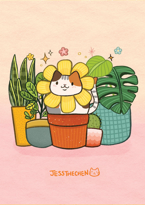 Description: The "Cat Plant by Jess Chen A5" features an adorable calico cat wearing a flower costume, with its head forming the center of a yellow flower surrounded by petals. The charming illustration includes various potted houseplants around the cat. Ideal for Little Art mini prints or Deluxe Postcard Frames, this piece is signed "Jessthechen," complete with a small cat face at the bottom. Available from Blue Dog Posters.