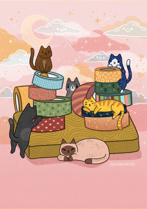 An illustration by Featured Artist Jess Chen, part of the Cat Washi by Jess Chen series from Blue Dog Posters, depicts seven playful cats interacting with colorful rolls of washi tape set against a pastel background adorned with clouds and sparkles. Some cats are climbing the rolls while others are resting or playing around them. The artist's signature "Jess The Chen" is visible at the bottom of this A3 print.