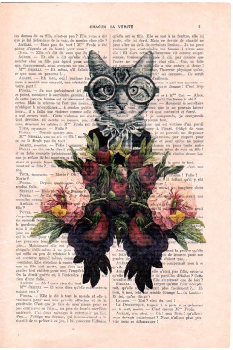 An illustration of a cat wearing round glasses and a bow tie, holding a bouquet of colorful flowers. The cat is set against a background of an antique French book page with French text. Created by a French artist, the artwork blends whimsical and classical elements into a unique print. Introducing the **Antique Book print 15 x 21cm Cat & Peony** by **ABP**.