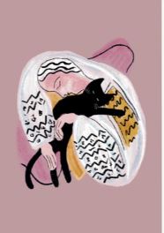 Illustration of a person with long white hair and a patterned garment, hugging a black cat. The background is a muted pink color. The lines are soft and curvy, giving the image a warm and comforting feel. This piece by Nia Gould, titled "Catisse Cat Hug," is part of the Featured Artists Collection as an A3 Art Print from fap.