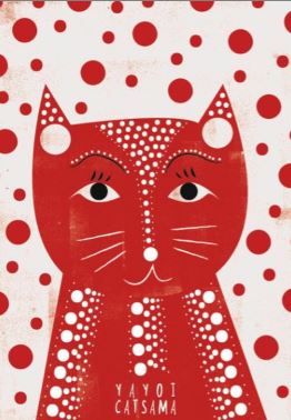 A vibrant red cat illustration named "Yayoi Catsama" with white polka dots and abstract eyes stands out against a matching white background adorned with red polka dots. The name "Yayoi Catsama" is displayed at the bottom in white text, paying homage to Yayoi Kusama's iconic polka dot art style. This A3 Art Print by Nia Gould is part of fap's Featured Artists Collection.