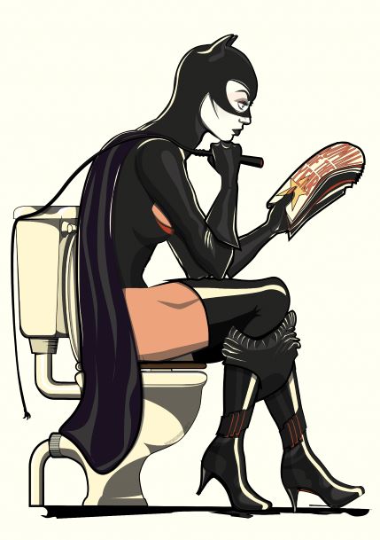 Illustration of a woman dressed in a black cat costume with a mask and cape, sitting on a toilet while reading a magazine. She is wearing high-heeled boots and has a contemplative expression. This quirky piece, titled "Catwoman on the Toilet A5" by Wyatt9, is part of fap's Little Art series, perfect for Mini Prints or Deluxe Postcard Frames.