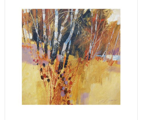 The Chris Forsey Teasels and Birches art print by Blue Dog Posters beautifully captures a group of birch trees with white trunks set against an autumnal landscape. The ground is adorned in golden yellow and brown hues, while the sky and background exhibit shades of purple and warm orange, evoking a perfect sense of fall in this vibrant Decor Series masterpiece.
