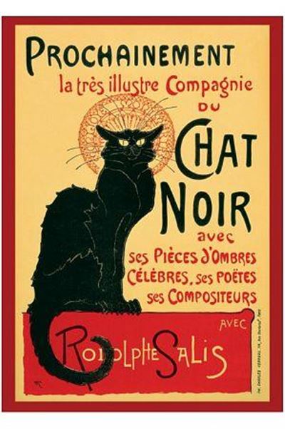 Vintage Ad Art Print titled "Chat Noir," featuring a black cat with a red halo, advertising "Compagnie du Chat Noir" and highlighting shadow plays, poets, and composers. The text includes "Prochainement" and "Rodolphe Salis," presented in a striking red and yellow color scheme. Printed on premium quality art paper as part of the Decor Series by Blue Dog Posters.