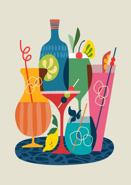 The "Mid Century Cocktails by Rachel Lee A5" from Blue Dog Posters features a vibrant illustration of assorted cocktails in various glasses, adorned with garnishes like lemon slices, cherries, and straws. Encased in Deluxe Postcard Frames, the simple light background accentuates the playful and festive nature of this Little Art series piece.