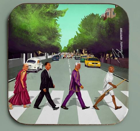 A whimsical illustration from our Homewares Collection featuring four historical figures, dressed in their distinct traditional attire, crossing a street similar to the Beatles' Abbey Road. In the background, vintage cars and trees line the road under a clear sky, perfect for a unique Hipstory Coaster Abbey Road design from Blue Dog Posters.