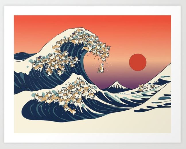 A colorful illustration, part of the Gallery Series, depicts a large wave made up of numerous dogs, resembling "The Great Wave off Kanagawa." A red sun sets in the background, with Mount Fuji beneath the wave. The sky transitions from orange to purple, creating an enchanting scene on archival paper. This is "The Great Wave Of Corgi" by GAP.