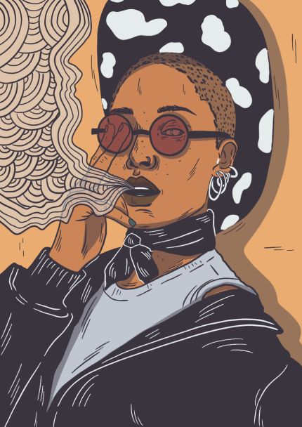 Illustration of a person with short hair wearing red round glasses, hoop earrings, a bandana, white shirt, and black jacket. They are exhaling decorative, swirling smoke and standing in front of a cow-patterned background. This high-quality Art Print is part of the Featured Artists Collection by Mari T and printed on 250gsm Satin Paper from Blue Dog Posters. The artwork is titled "Cowgirl.