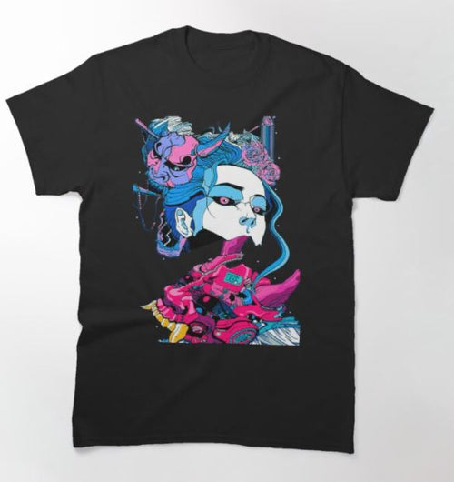 The Cyberpunk Samurai T-shirt Black LGE by Blue Dog Posters is an extremely cool tee that showcases a vibrant, futuristic design of a woman's face. Her hair, adorned with blue and purple technological elements, complements the pink and blue mechanical enhancements around her neck and shoulders. The style is unmistakably cyberpunk and sci-fi inspired.