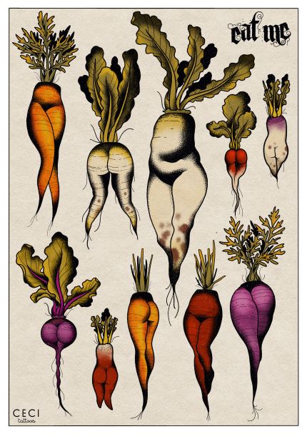 The "Don't Forget Your Roots by Ceci Tattoos A2" poster from GAL143's Featured Artists Collection displays stylized carrots, radishes, and beets in various shapes and colors on premium matte art paper with "eat me" in a decorative font at the top right.