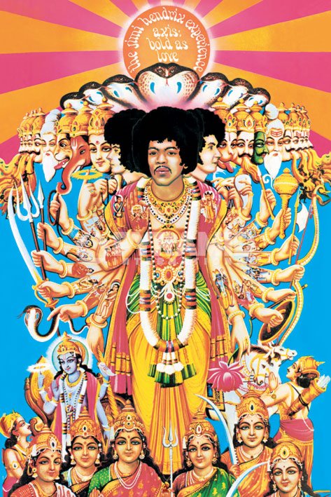 Colorful psychedelic artwork inspired by Hindu deity imagery, featuring a central figure with multiple arms and heads, wearing a robe and jewelry. The background is vibrant with rays emanating from a sun-like shape that includes the text "Jimi Hendrix Experience" and "Axis: Bold as Love," perfect for any music collection or as a rock poster printed on premium gloss paper. The JIMI HENDRIX - AXIS by MUS captures the spirit of this iconic album beautifully.