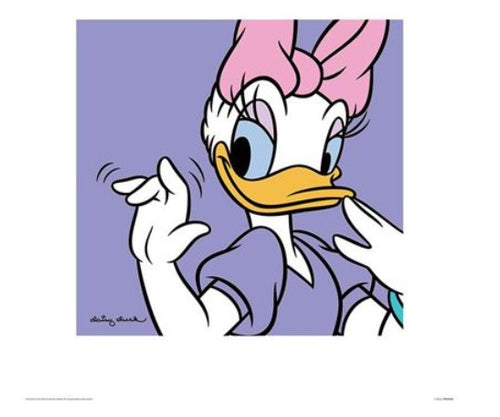 Illustration of a white cartoon duck with a yellow beak, wearing a purple top and a pink bow on her head, waving with one hand and holding the other hand near her face. She has blue eyes and is set against a purple background, featured in our Daisy Duck collection by Blue Dog Posters.
