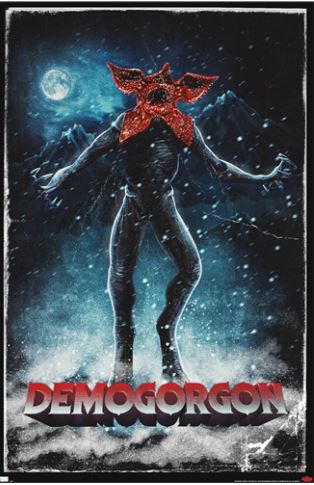Behold the "Stranger Things Season 4 Demogorgon" poster by MTV, featuring a menacing creature called Demogorgon, with a spiky red flower-like head and a dark, humanoid body. It stands against a snowy mountain scene under a full moon, with "DEMOGORGON" written in bold red letters at the bottom. Perfect for any Movies & TV Collection, this TV Show Poster is an absolute must-have!
