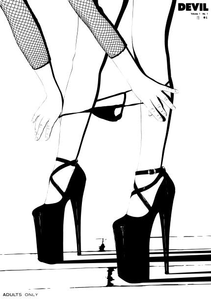 The black and white illustration titled "Devil by Westmotel" from Blue Dog Posters' Featured Artists Collection shows the lower half of a figure in fishnet stockings and high-heeled shoes, lowering a pair of panties. The words "DEVIL" and "ADULTS ONLY" are prominently visible in the image. This art print is printed on high quality 250gsm Satin Paper.