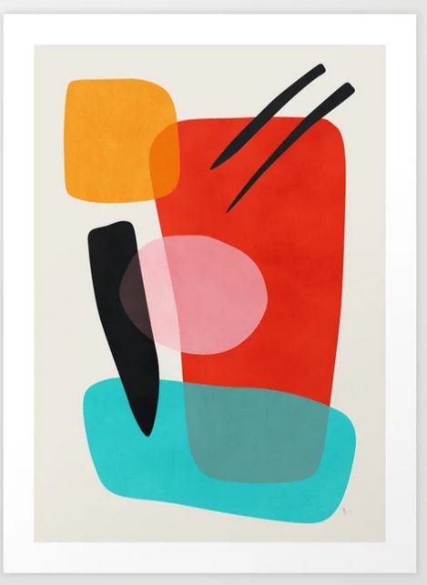 Diadem by Tracie Andrews, from GAL16's Large Gallery Series collection, is an abstract print on archival paper featuring overlapping geometric shapes like a large red rectangle, an orange square, a teal oval, and pink circle with black curves.