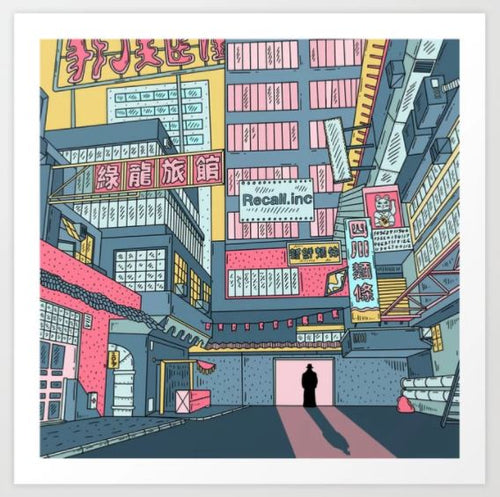 A person stands in the center of a vibrant urban street, surrounded by tall buildings adorned with colorful signs in various languages. The scene, almost like a living art print from the GAP Gallery Series' "Dicks Electric Dream by the eighth," features a mix of modern and retro aesthetics, with neon lights, hanging banners, and narrow pathways creating a bustling atmosphere.