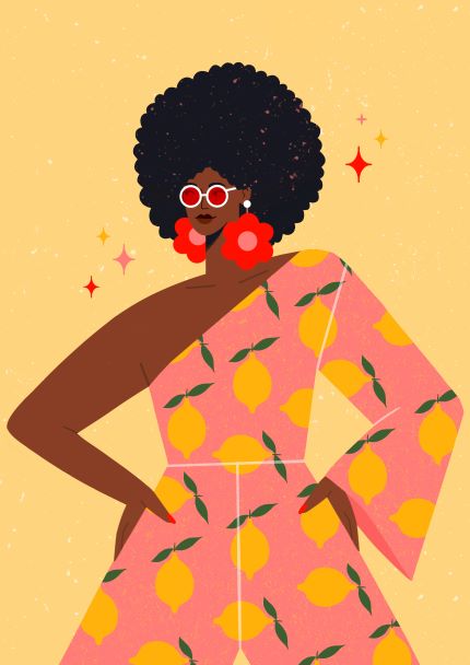 Introducing "Disco Diva" by Kitty O Illustrates, available from Blue Dog Posters! This vibrant artwork captures a stylish woman with an afro hairstyle, sporting chic red glasses and large red earrings. She stuns in a one-shoulder dress adorned with lemon patterns against a pink background. Ideal as an art print on satin paper, the piece is set against a light yellow backdrop decorated with charming star and sparkle embellishments.