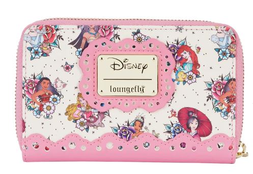 The Disney Princess Floral Tattoo Zip Purse by Blue Dog Posters is a rectangular wallet adorned with pink trim and a centrally placed Disney Loungefly logo plaque. This vegan leather wallet features vibrant illustrations of various Disney princesses, including Pocahontas, Rapunzel, Ariel, and Mulan, all set against a white background with floral patterns.