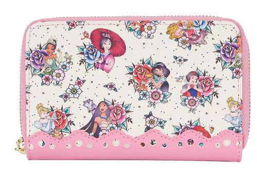 The Disney Princess Floral Tattoo Zip Purse by Blue Dog Posters is a pink and white vegan leather wallet adorned with colorful images of various princesses surrounded by flowers. The top features a pink scalloped edge and metallic studs, while the main body showcases a floral and princess design.