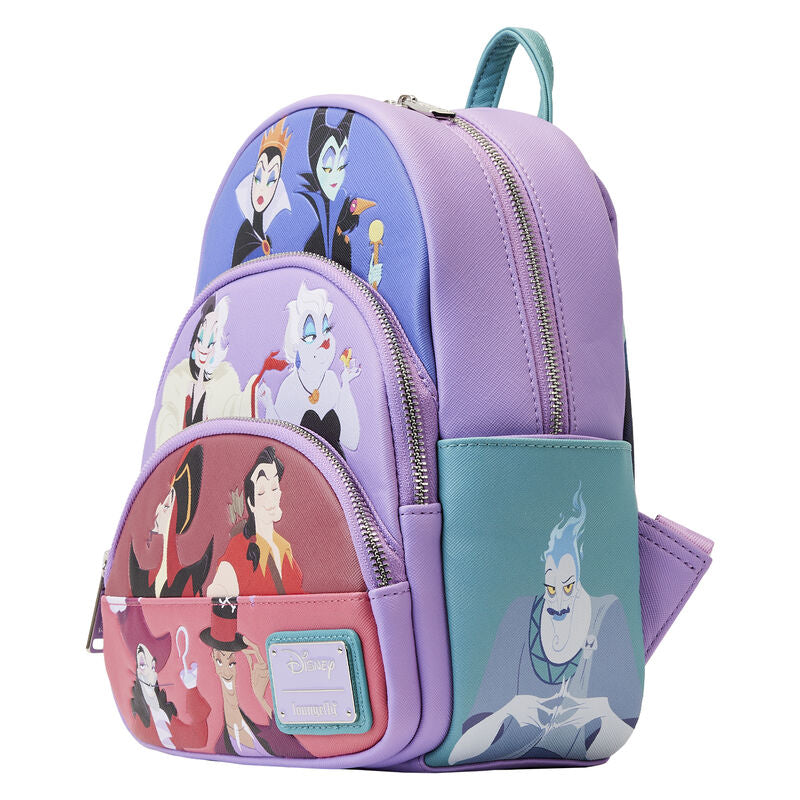 A small, purple and teal-colored Disney Villains Colour Block Mini Backpack from Blue Dog Posters features illustrations of various Disney villains, including the Evil Queen, Maleficent, Ursula, Cruella de Vil, Hades, and others. This backpack has a front pocket and a zipper closure.