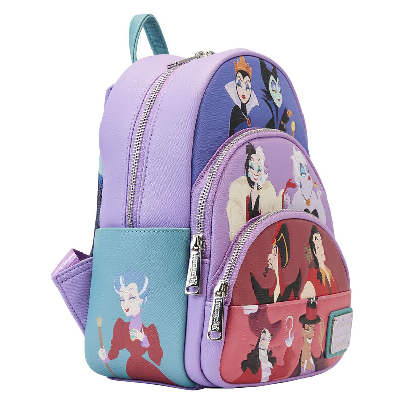 The Blue Dog Posters Disney Villains Colour Block Mini Backpack is a stylish purple accessory featuring multiple Disney villains. The bag has two main compartments with silver zippers and showcases colorful illustrations of characters like the Evil Queen, Maleficent, Cruella de Vil, and Ursula.