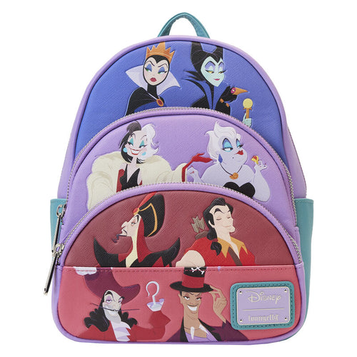A vibrant accessory from Blue Dog Posters, the Disney Villains Colour Block Mini Backpack showcases iconic baddies with a light purple top featuring the Evil Queen and Maleficent, a dark purple middle displaying Cruella de Vil and Ursula, and a red bottom section highlighting Jafar, Gaston, and Dr. Facilier.