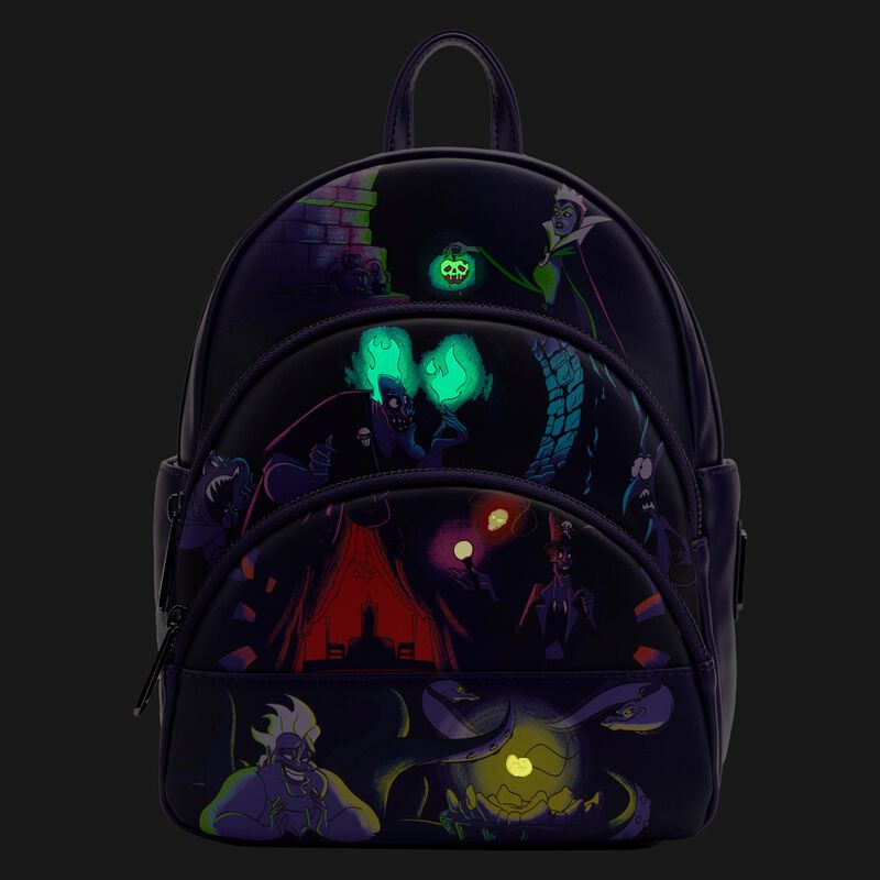 Blue Dog Posters' Disney Villains Glow Mini Backpack is a dark-themed accessory showcasing various Disney villains in a glowing, neon-like design. The vibrant characters stand out against the black background, creating a striking contrast. This glow-in-the-dark mini backpack features multiple compartments with zippers for convenience.